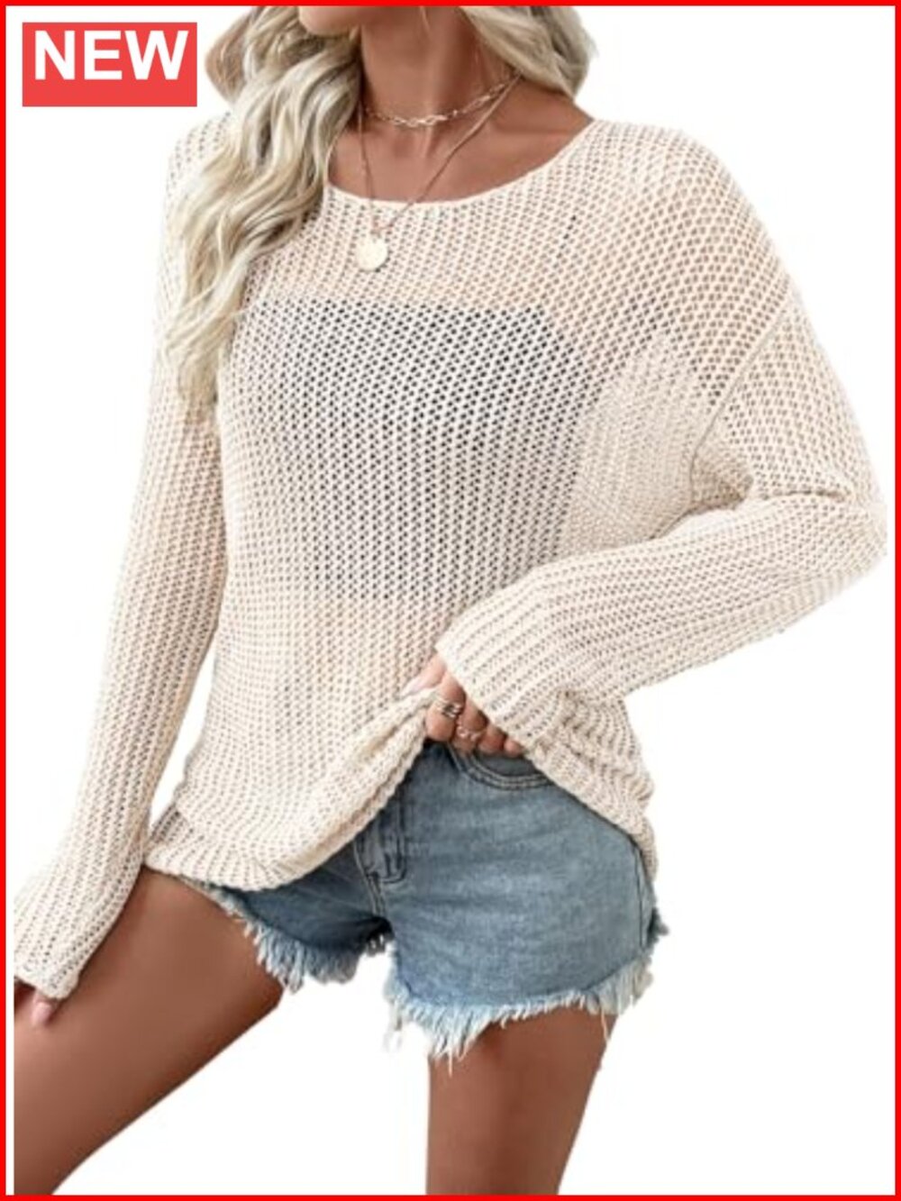 Womens Crochet Sweaters Hollow Out Knit Long Sleeve Pullover Summer Tops